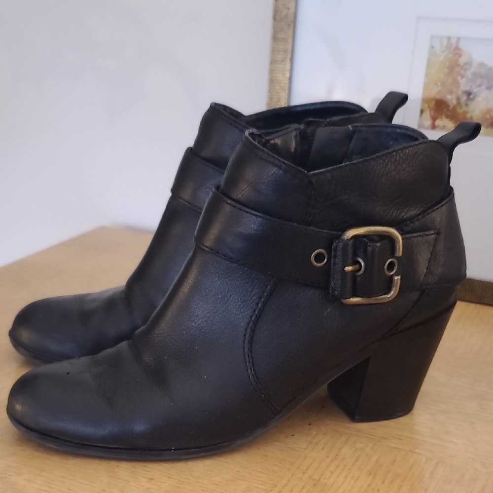 Women's Black Leather Ankle Booties with Decorative Buckle